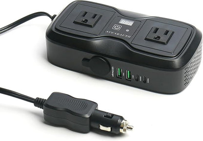 7 in 1 Car Power Inverter, 200W DC 12V to 110V AC Car Inverter with LED Voltmeter, 4-Port PD/QC3.0 Charge, 2 Car Outlets and Cigarette Lighter Adapter USB C Car Charger for All Car Devices