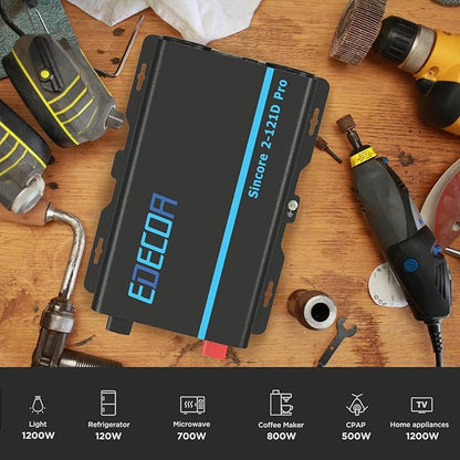 EDECOA Pure Sine Wave Inverter 1200W 12V DC to 110V AC Power Inverter with USB Port and Type-C Port 2 AC Outlets Remote Control LED Display for RV Car Boat Household