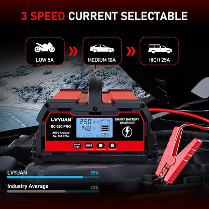 LVYUAN 25Amp Smart Car Battery Charger, 12V/24V Automotive Charger, Lead-Acid Battery, LiFePO4 Battery Maintainer with LCD Display, Trickle Charger, for Lawn Mower, Motorcycle, AGM, STD, Gel, EFB,etc