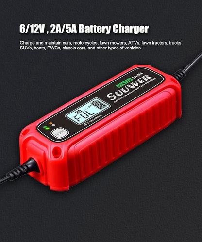 5-Amp High-Efficiency 6V&12V Smart Car Battery Charger, Battery Maintainer, Trickle Charger, Float Charger and Desulfator for Car, Motorcycle, ATV, Lithium (LiFePO4) and Deep Cycle Batteries