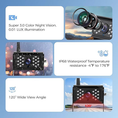 10.1" Wireless RV Backup Camera System, 2 Rear Cameras & 2 Side Cameras for Reversing/Monitoring Trailer Truck Pickup Camper, 1080P DVR Monitor, IP69K Waterproof IR Night Vision Camera, WN4