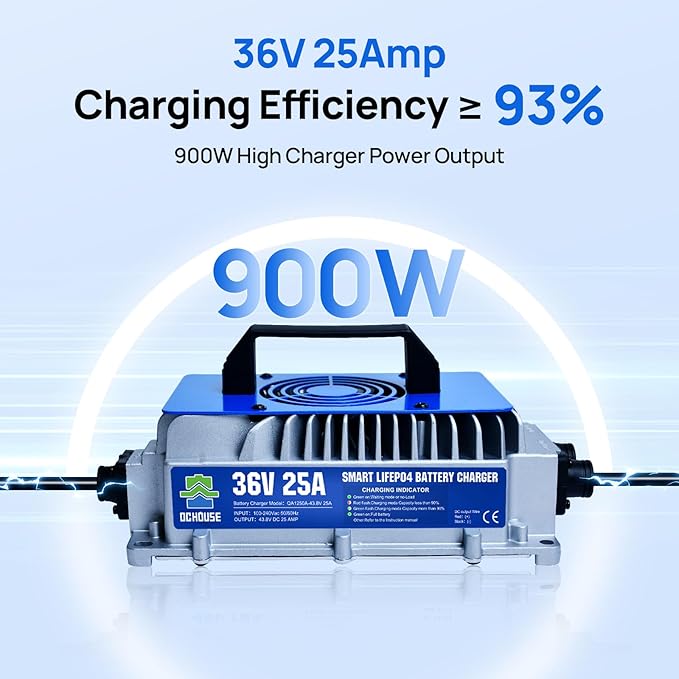 DC HOUSE 36V 25A Lithium Battery Charger, 900W Fast Charger, Charging Efficiency ≥ 93%, IP65 Waterproof Anti-Fall with Cooling Fan, Suitable for 36V Golf Cart,Trolling Motor, Forklift LiFePO4 Battery