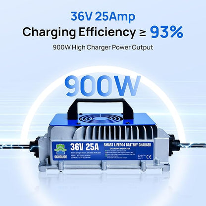 DC HOUSE 36V 25A Lithium Battery Charger, 900W Fast Charger, Charging Efficiency ≥ 93%, IP65 Waterproof Anti-Fall with Cooling Fan, Suitable for 36V Golf Cart,Trolling Motor, Forklift LiFePO4 Battery