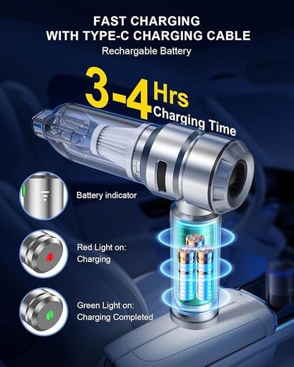 Car Vacuum,3 Suction Modes,Portable Mini Cordless Cleaner with 21000pa Suction Power,Type-C Charge,Handheld Vacuum for Home,Car, Office Desk, Keyboards(Diamond Silver)