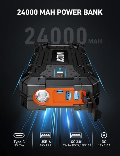 AstroAI S8 Ultra 4000A Jump Starter, 24000mAh Car Starter(All Gas, Up to 12L Diesel Engine), 12V Auto Battery Booster Pack, Jump Box with USB Quick Charge and DC/Type C Port, LED Light, Jumper Cable