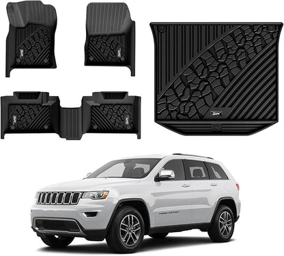 3W Floor Mats & Cargo Liner Fit for Jeep Grand Cherokee 2016-2021/ Grand Cherokee WK 2022 2023 (Non L), TPE All Weather Custom Fit 1st and 2nd Rows Car Mats and Trunk Liner, Black
