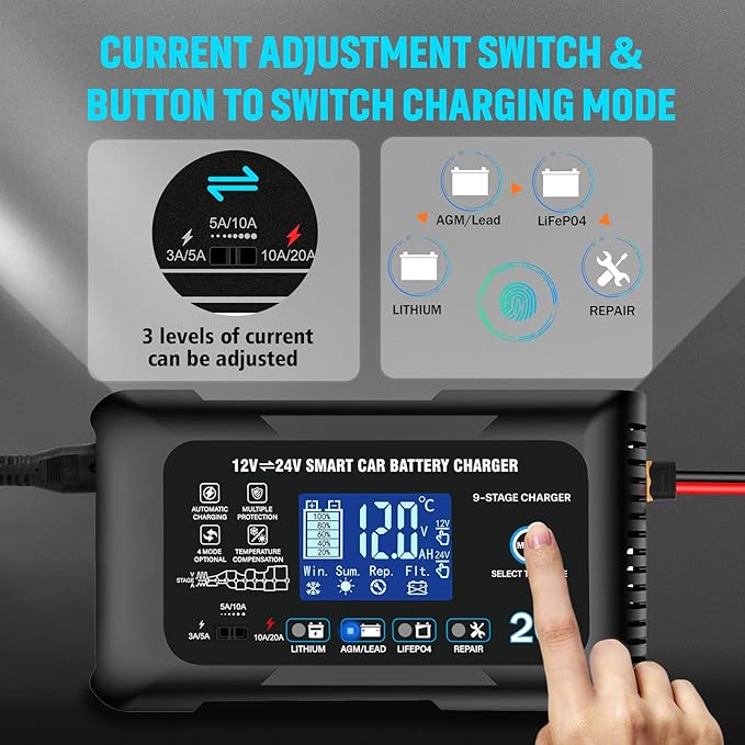 Battery Charger 0-20A 12V/24V Lithium LiFePO4 Lead Acid Fully Automatic Maintainer, Smart Car Battery Charger,Trickle Charger w/Pulse Repair for Trucks,Boats,Motorcycles,Deep Cycle Batteries ﻿