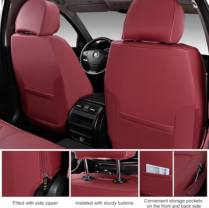 Car Seat Covers Full Set, Front and Rear Seat Covers for Cars, Waterproof Leather Auto Seat Protectors with Head Pillow, Car Seat Cushions Fit for Most Sedans SUV Pick-up Truck, Wine Red
