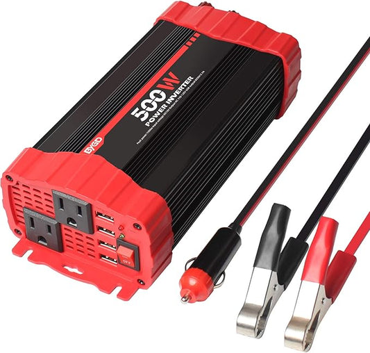 BYGD 500W Power Inverter, Car Charger Adpater DC 12V to AC 110V Car Power Converter 4 USB Quick Charging Ports and Dual AC Outlets Car Charger Adpater with Cigarette Lighter Cable and Battery Clamps