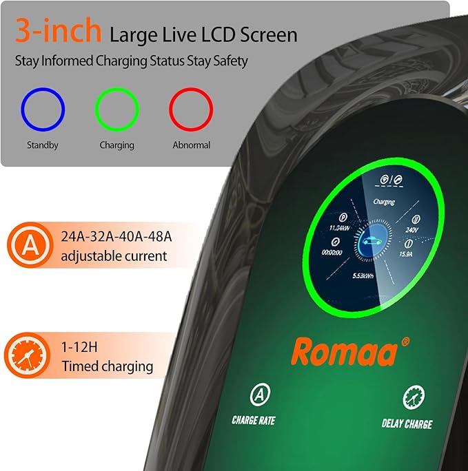 Level 2 EV Charger, 48 Amp 240V Hardwired Fast Charging, Smart WiFi Control, Adjustable Current, Delay Timer, 25ft Cable, J1772 Charger, EV Chargers for Home Level 2, LCD Display, Black