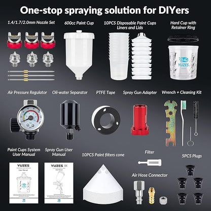 YUZES HVLP Spray Gun Plus Kit with 20 Oz Disposable Paint Cups, Easy to Use, 1.4/1.7/2.0mm Nozzles Air Spray Gun for Painting Cars & Furniture DIY Painting, Paint Spray Gun for Primer, Clear/Top Coat