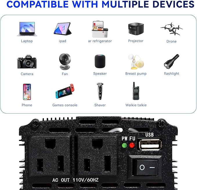 Power Inverter 1000W,Inverter 12v to 110v Car Power Inverters for Vehicles, DC to AC Car Plug Adapter Outlet Converter for Laptop Vehicles Camping Road Trip Essentials Adults