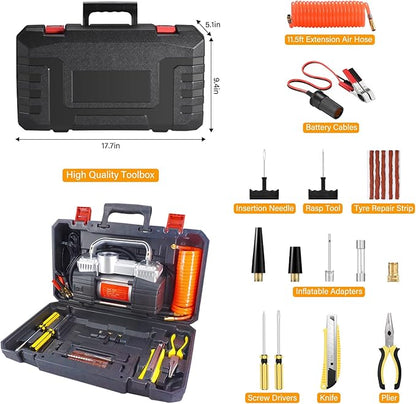 GSPSCN Digital Tire Inflator, Portable Toolbox 12V Air Compressor Pump Heavy Duty Dual Cylinders Car Pump,150Psi Auto Shut-Off with Tire Repair Kit for Auto,SUV,Truck etc