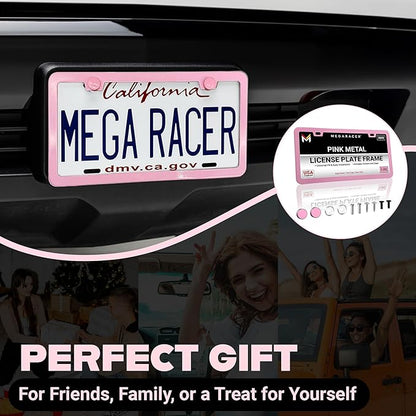 Premium Princess Pink License Plate Frame – 1 Pack, Rust-Free Stainless Steel, Street Legal & Rattle-Free, Universal Slim Design with Screw Covers, Durable Car Tag Holder for Women, Cute & Girly Gift