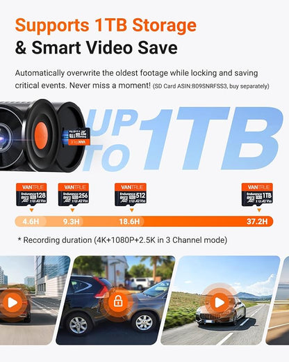 Vantrue N4 Pro S 4K 3 Channel Dash Cam w/Triple STARVIS 2, 4K+1080P+2.5K Front Inside Rear Dash Camera, HDR IR Night Vision, Voice Control, Parking Mode, GPS, Wi-Fi, Support 1TB