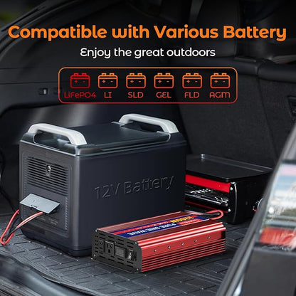 1200W Pure Sine Wave Inverter, 12V DC to 110V/120V AC Power Inverter for RV、Off Grid、Truck、with 2 AC outlets and LCD Display