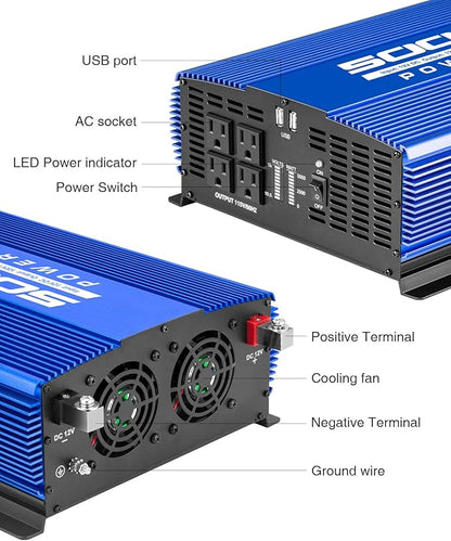5000W Power Inverter 12V to 110V Car Inverter with 4AC Outlets 2USB Ports for Camping/Truck/RV/Home