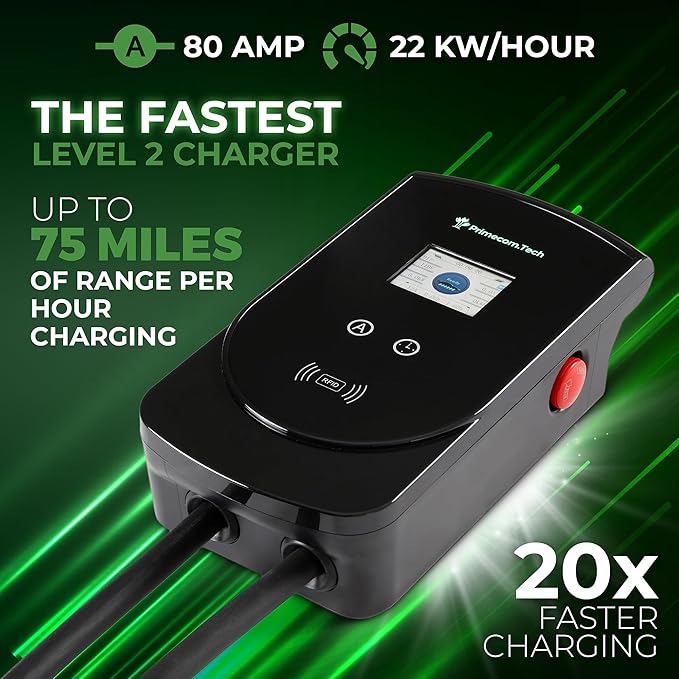 PRIMECOM 80 Amp 22KW 220Volt Level-2 18ft to 50ft Cord Lengths 20X Fast Smart Electric Vehicle EV Charging Station Ford Transit F-150 Lightning Lucid Air Polestar TeslaXS Taycan (40 Feet)
