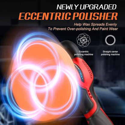 Cordless Car Buffer Polisher w/ 2x2000mAh 21V Batteries, 6 Inch Car buffer Waxer Kit, Car Polishing Machine w/ Extra 18 PCS Attachments & 6 Variable Speed, Car Buffer Polisher for Car Detailing (Red)