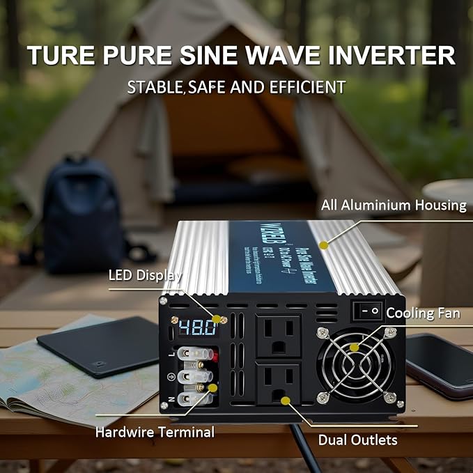 WZRELB 4000W Pure Sine Wave Inverter, Car Power Inverter 48V DC to 110V 120V AC Converter for RV, Truck, Solar, Outdoor with Dual AC Outlets, Hardwire Port, Surge 8000W, LED Display,Off-Grid
