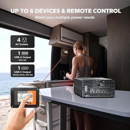 LiTime 2000W Pure Sine Wave Inverter 12V DC to 120V AC Converter with Remote Control, Surge 4000W, Built-in 4 AC Outlets, USB Port, Type-C Port for Home, RV, Camping, Off-Grid, Solar Power