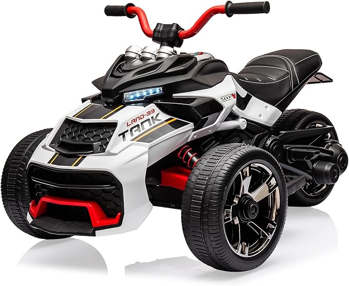 12V Kids Electric Ride-On Car with Parent Remote Control, 7MPH, 2 Speeds, 2x55W Motor, LED Lights, Music, USB & EVA Tires, 3 Wheel Battery Powered Toy Vehicle for Toddlers (White1)