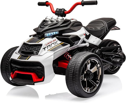 12V Kids Electric Ride-On Car with Parent Remote Control, 7MPH, 2 Speeds, 2x55W Motor, LED Lights, Music, USB & EVA Tires, 3 Wheel Battery Powered Toy Vehicle for Toddlers (White1)