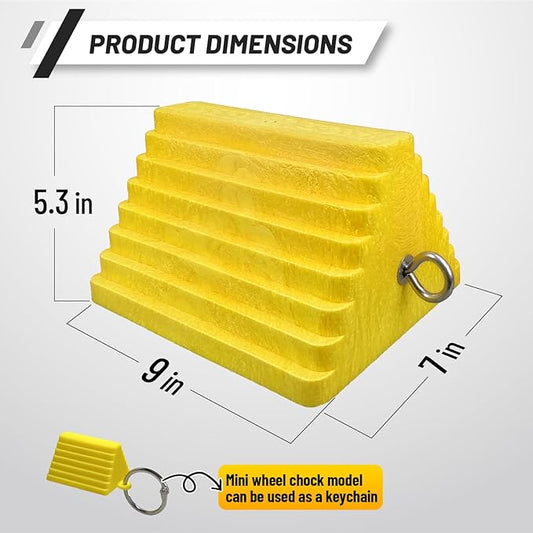 Premium 4 pcs Heavy Duty Wheel Tire Chocks, Vehicle Chocks with Eyebolt for Travel Trailers, Camper, Truck, Car and ATV 4 Pack, Yellow