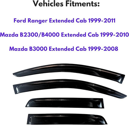KPY Window Visor Compatible with Ford Ranger 1999-2011 & Mazda B2300/B4000 1999-2010 & Mazda B3000 1999-2008, Rain Guard Vent Deflectors Tape-On, 2002 2003 2004 2005 2006 2007 2009 (Extended Cab)