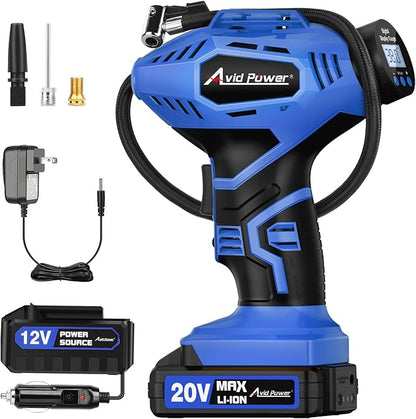 AVID POWER Cordless Tire Inflator Portable Air Compressor, 20V Rechargeable Battery Powered Car Tire Pump w/ 12V DC Adapter, Digital Pressure Gauge, Air Pump for Car, Bike, Motorcycle, Ball