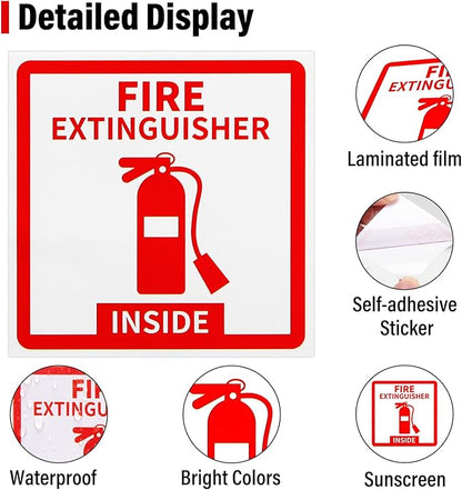 Madrigal Fire Extinguisher Inside Sticker Sign,4Pack 3x3" Self-Adhesive Vinyl, Weatherproof & UV Protected for Cars, Trailers, Rv's, Trucks and Vehicles, Red on White