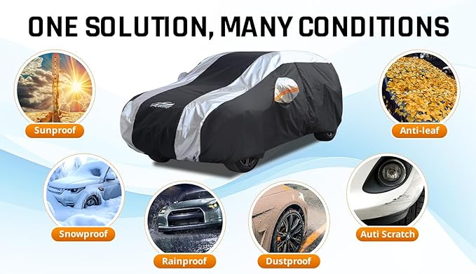 Full Exterior Covers for Waterproof Protection with Silver Stripe Design,SUV Car Covers for Automobiles Universal Fit Nissan Kicks, Subaru Crosstrek, Jeep Compass Liberty, Kia Soul Sportage