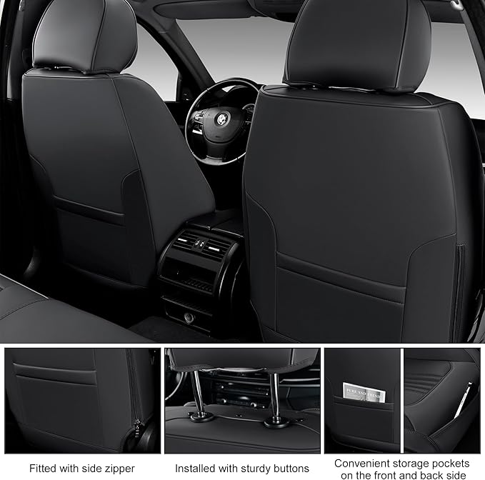 Car Seat Covers Full Set, Front and Rear Seat Covers for Cars, Waterproof Leather Auto Seat Protectors with Head Pillow, Car Seat Cushions Fit for Most Sedans SUV Pick-up Truck, Black