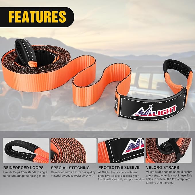 Nilight 3" x 20' Recovery Tow Strap Lab Tested 31,500lbs Break Strength Heavy Duty Off Road Straps with Triple Reinforced Loop Emergency Towing Rope of Mind for SUV, UTV, ATV, Truck, 2 Years Warranty