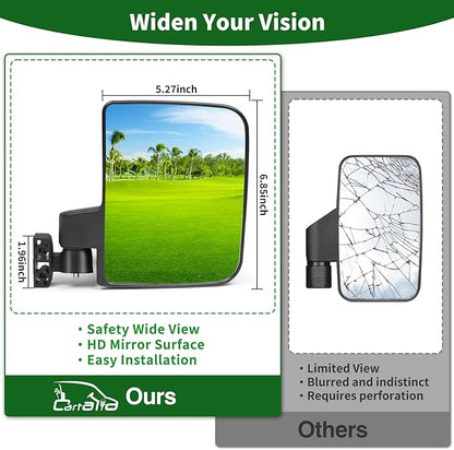 Golf Cart Side Mirrors No Drilling, Universal Folding Rear View Mirror for 0.75"-1.25" Square Rail, Fits EZGO Club Car Yamaha, 180 Degree Rotation Large HD Glass Rearview Shatterproof Surface