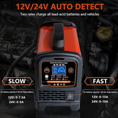 12V 24 Volt Car Battery Charger Heavy Duty, 0-15A Smart Automatic Battery Maintainer, High/Low Power Trickle Charger and Desulfator with Auto Shutoff, Repair, Winter Mode, for Car Truck Boat RV