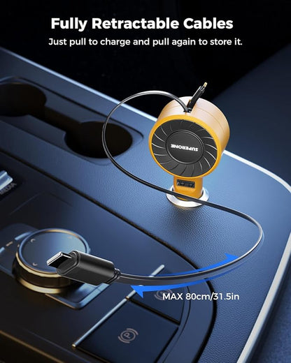 SUPERONE 3-in-1 Car Charger with Retractable Cords, USB C Charger Car Adapter Compatible with iPhone 16/15/14/13/12/11 Pro Max Samsung Android Phones