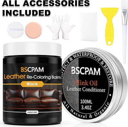 12oz Leather Recoloring Balm & 3.4oz Mink Oil Leather Conditioner kit,Black Leather Color Repair Kits for Couches, Leather Couch Paint Scratch Repair for Furniture Car Sofa Shoes Leather Dye