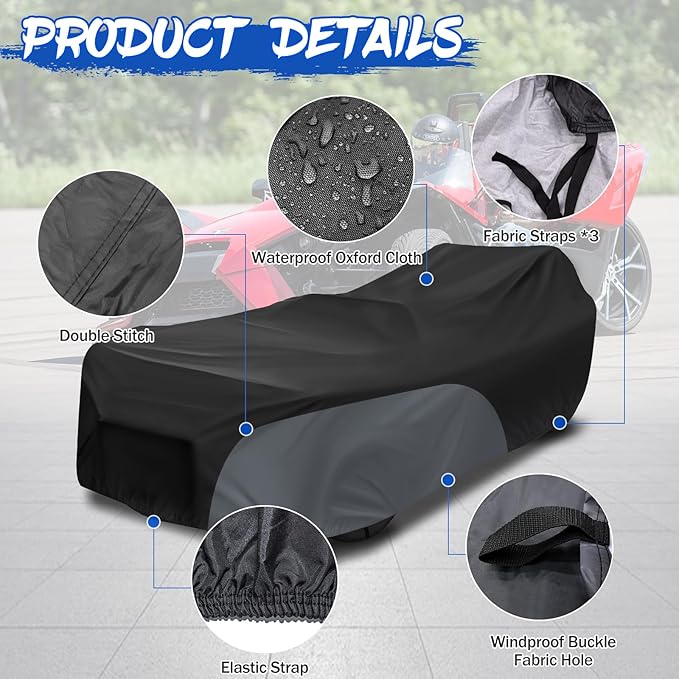 Polaris Slingshot Cover, Waterproof Windproof Sunproof Outdoor Protection Compatible with Slingshot/S/SL/SLR/SLR LE, with Reflective Strips, Black&Grey