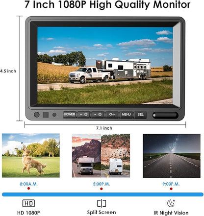 Digital Wireless Backup Camera System Kit, IP69K Waterproof Wireless 2 Rear View Camera + 7’’ LCD Dual Split Monitor for RV/Truck/Bus/Camper/Trailer (WX02)