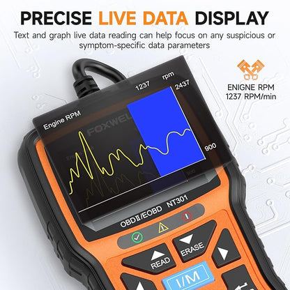 FOXWELL NT301 OBD2 Scanner Graphing Live Data Diagnostic Code Reader Professional Mechanic OBDII Scan Tool for Check Engine Light 2.8'' Color Screen OBD II Scanner for 1996 or Newer Vehicle