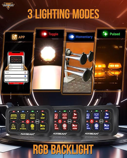 Auxbeam 8 Gang Switch Panel AC-800 Bluetooth RGB Switch Pod with Remote Control Backlit Off Toggle Momentary Pulsed 165FT Wireless Auxiliary Switch Panel for Truck Offroad Waterproof