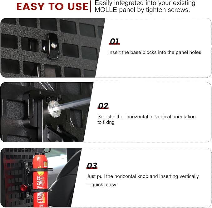 MOLLE Panel Fire Extinguisher Mount Kit-Quick Release Car Fire Extinguisher Mount Bracket for 1-2in Tactical Rigid MOLLE Panel Holes.Fire Extinguisher Holder Fits MOLLE Panels Accessories for Vehicle.