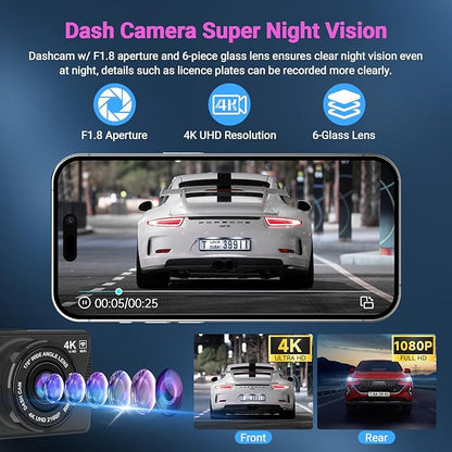 Dash Cam Front and Rear, Dash Cam 4K WiFi/APP Control Dashcam W/ 64GB Card Dash Camera for Cars DVR Car Security Cameras W/Loop Recording G-Sensor Time-Lapse Parking Mode Car Dashcam USB Powered