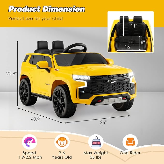 HONEY JOY Ride On Truck, 12V Licensed Chevrolet Tahoe, Chevy Electric Vehicle for Kids, Soft Start, Music, Lights, Battery Powered Ride On Car Toy with Remote Control, Gift for Boys Girls (Yellow)