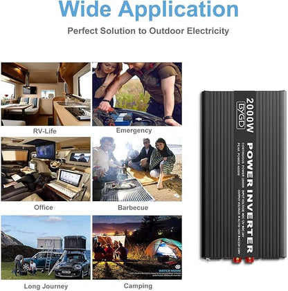 BYGD 2000W Power Inverter 12V DC to 110V AC Inverter Converter with 4 AC Outlets Dual 2.1A USB Ports for Home, RV, Boat, Truck, Off-Grid Solar System