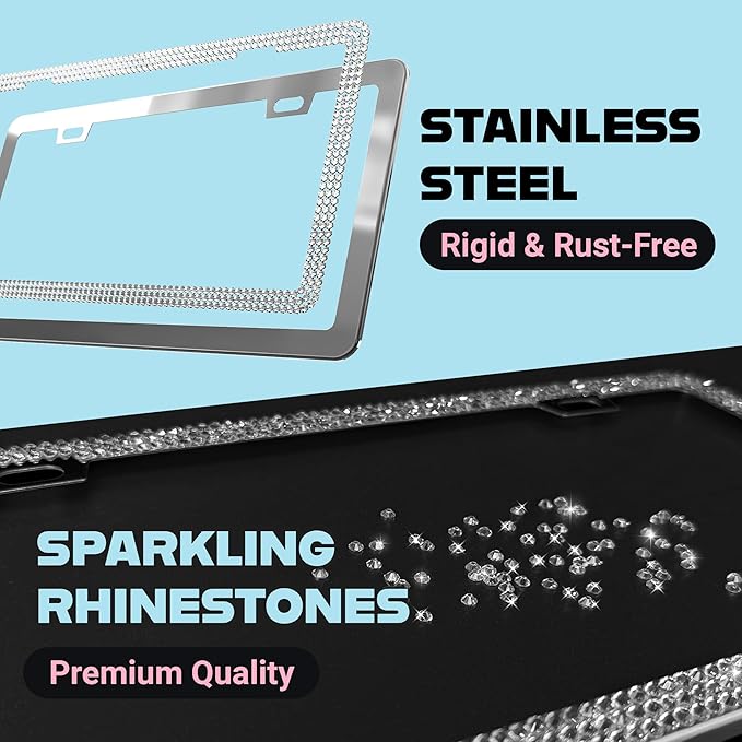 Dazzling Bling License Plate Frame for Women - 1 Pack, 800 Premium Rhinestones, Rust-Free Stainless Steel, Street Legal Slim Design, Sparkly Diamond Car Tag Holder with Glitter Crystal Screw Covers