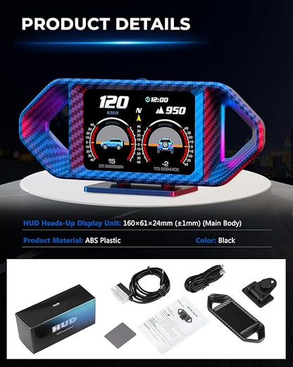 OBD2 HUD Head Up Display, Digital Speedometer Gauge for Car Truck SUV, Real-Time Speed/RPM/Fuel Economy Monitor, Plug & Play OBDII GPS HUD with RGB Light