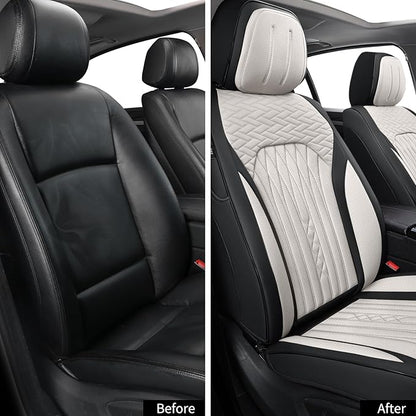 Car Seat Covers Full Set, Leather Seat Covers for Cars, Car Seat Protector Waterproof, Non-Slip Car Interior Covers Fit for Most Cars, SUV, Vans, Trucks,2Seats,Full Set,Black-White