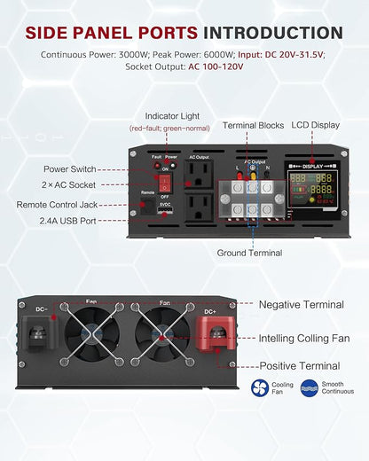 3000 Watt Inverter Pure Sine Wave DC 24V to 110V/120V AC Power Inverters with 2 AC Charger Outlets 6000W Peak Car Solar Converter for Vehicles Home with LCD Display and 2.4A USB Charging Port